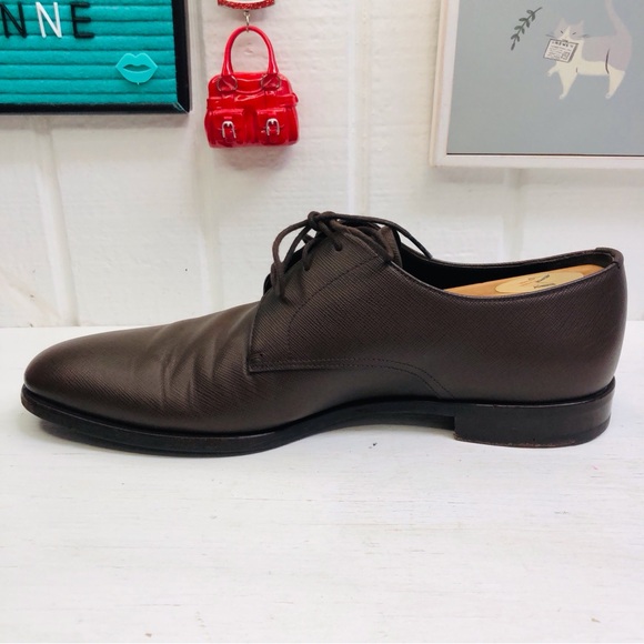 Prada Saffiano Mens Derby Oxford Luxury Leather Brown Lace Ups Size 9.5 - Picture 6 of 15